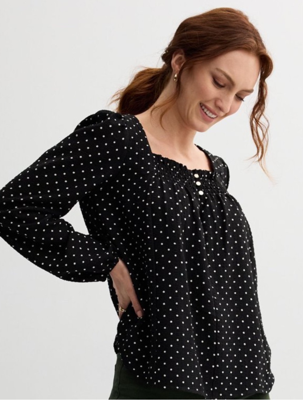 Draper James Black with White Polka Dots Smocked Neck Lined Blouse Size XL